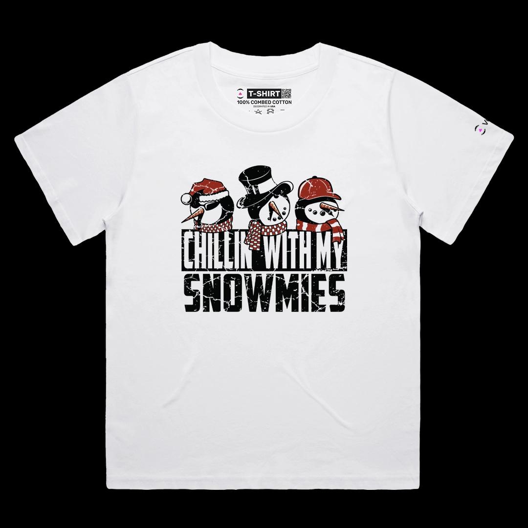 VOICEART White Female Loose Chillin With My Snowmies Funny Christmas Graphic Tee for Holidays Short Shirt for Men and Women
