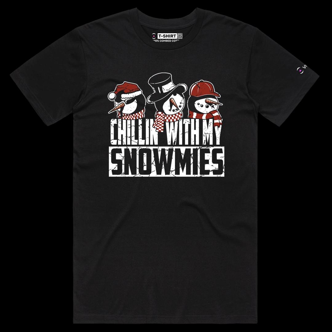 VOICEART Black Male Regular Chillin With My Snowmies Funny Christmas Graphic Tee for Holidays Short Shirt for Men and Women