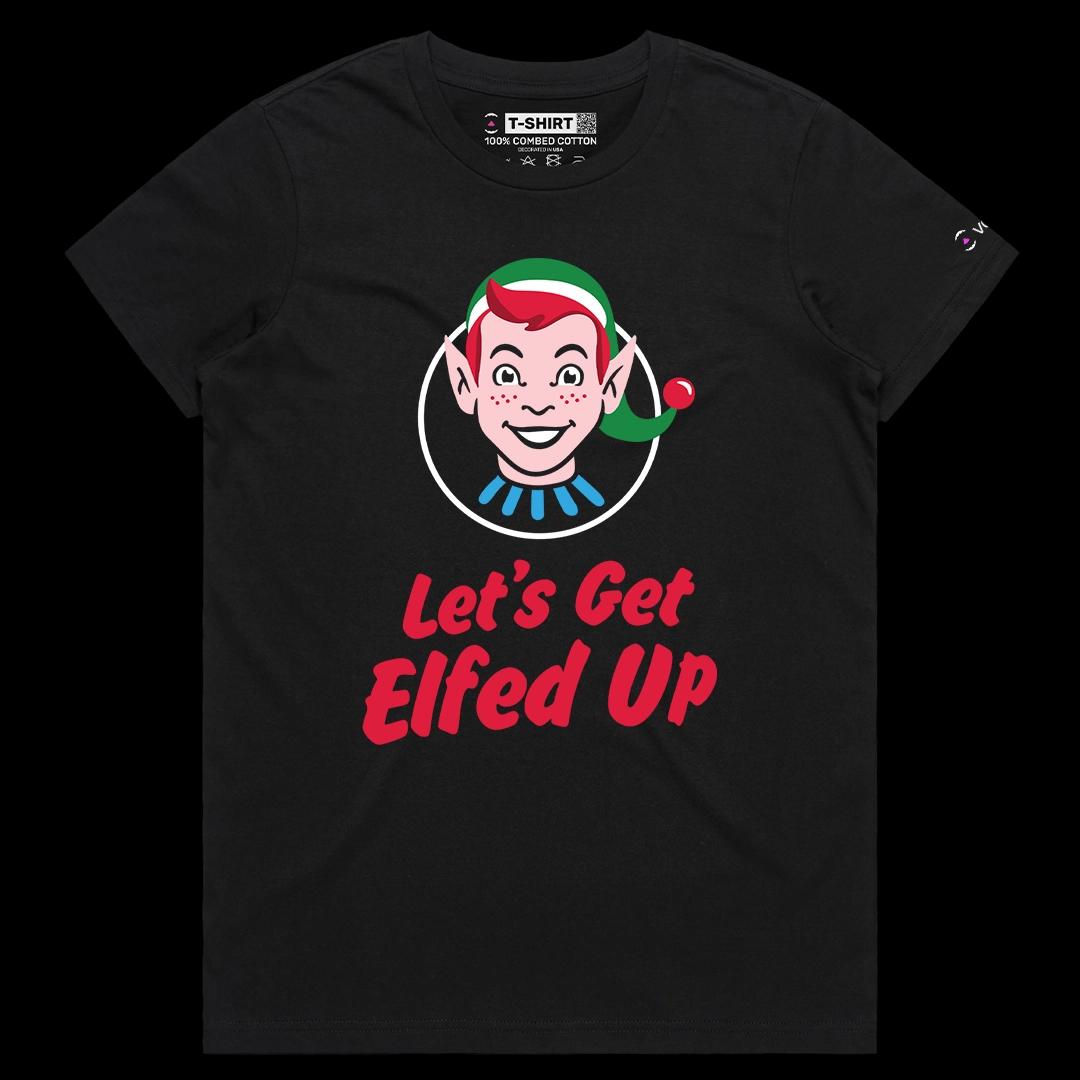 VOICEART Black Female Regular Let’s Get Elfed Up Funny Christmas Graphic Tee for Holidays Short Sleeve T-Shirt Men and Women