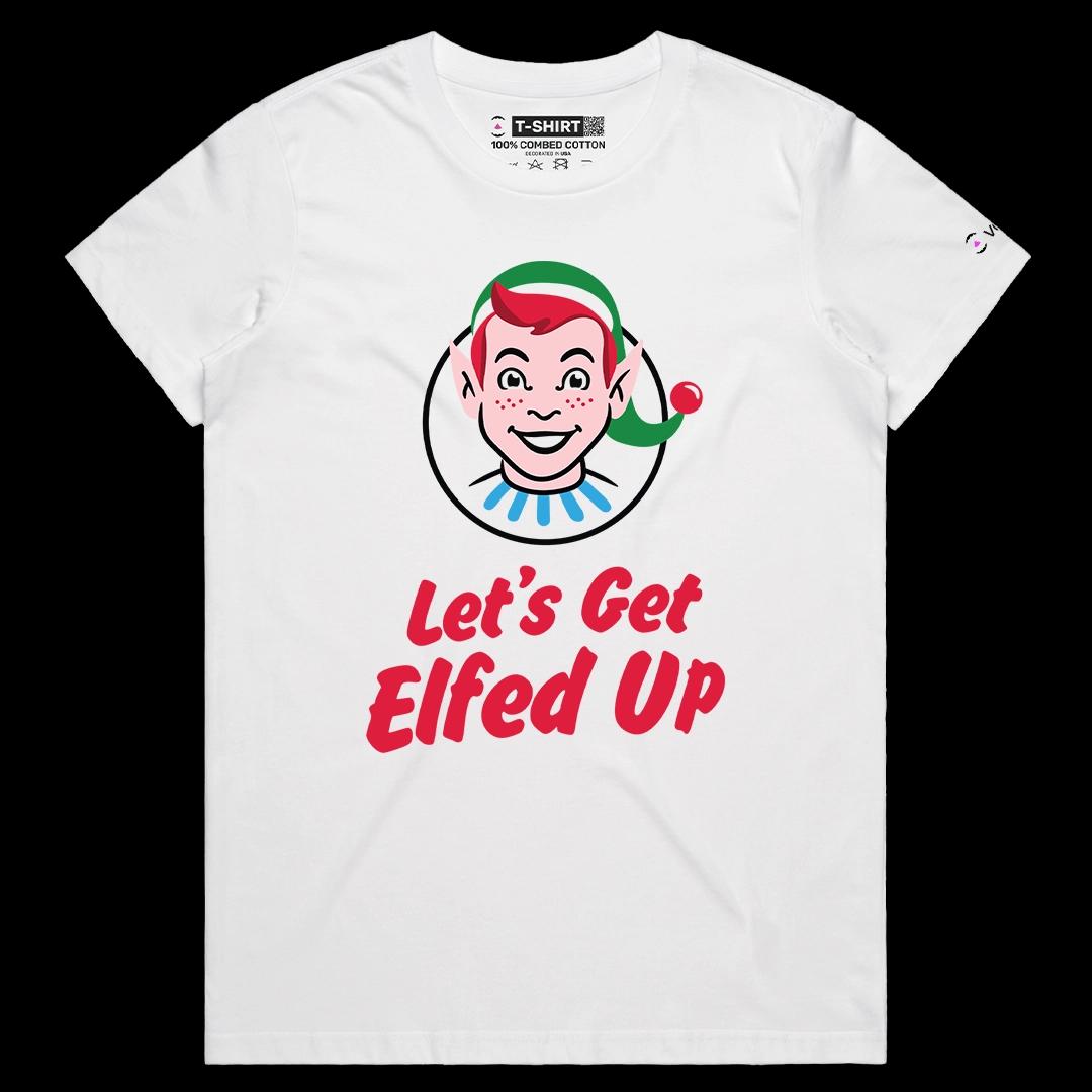VOICEART White Female Regular Let’s Get Elfed Up Funny Christmas Graphic Tee for Holidays Short Sleeve T-Shirt Men and Women