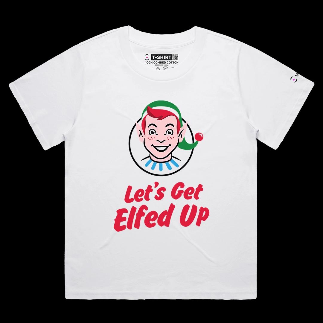 VOICEART White Female Loose Let’s Get Elfed Up Funny Christmas Graphic Tee for Holidays Short Sleeve T-Shirt Men and Women
