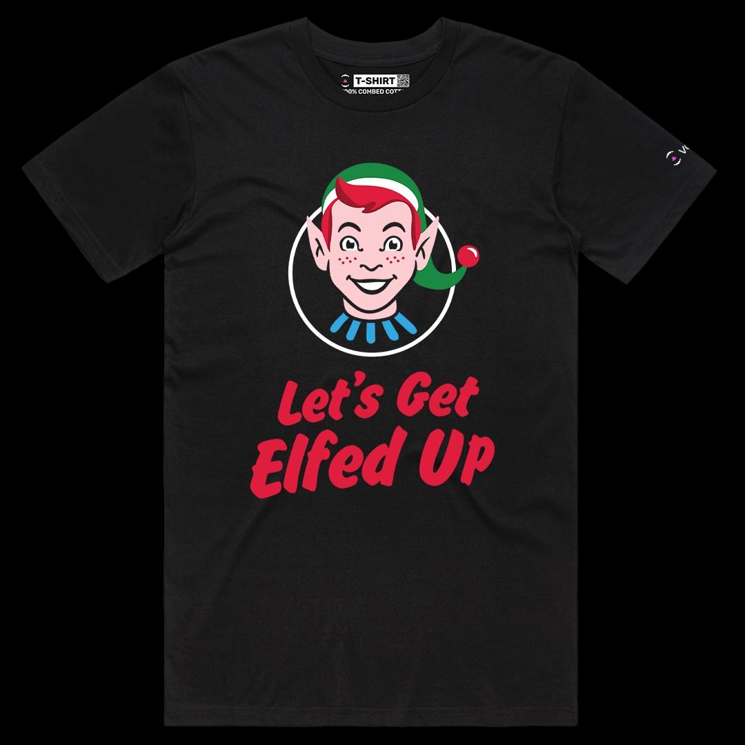 VOICEART Black Male Regular Let’s Get Elfed Up Funny Christmas Graphic Tee for Holidays Short Sleeve T-Shirt Men and Women