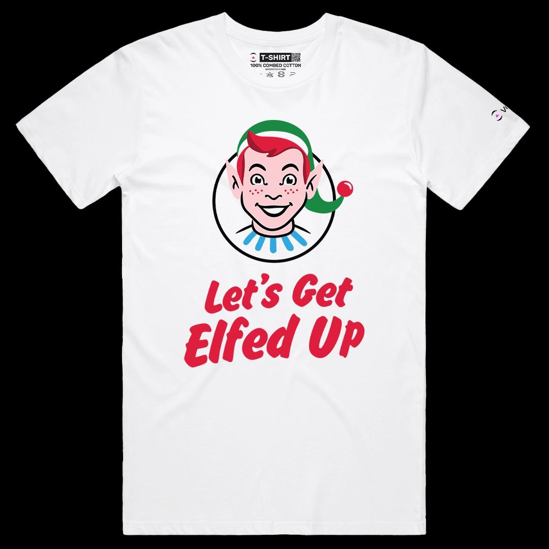 VOICEART White Male Regular Let’s Get Elfed Up Funny Christmas Graphic Tee for Holidays Short Sleeve T-Shirt Men and Women