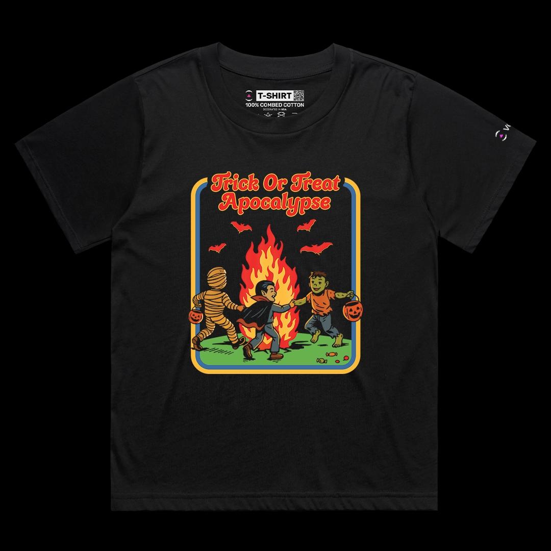 VOICEART Black Female Loose Trick or Treat Apocalypse Funny Halloween Graphic Tee for Holidays Short T-Shirt Men and Women