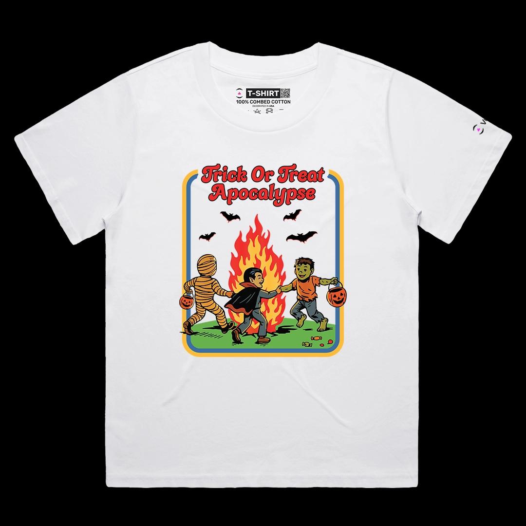 VOICEART White Female Loose Trick or Treat Apocalypse Funny Halloween Graphic Tee for Holidays Short T-Shirt Men and Women