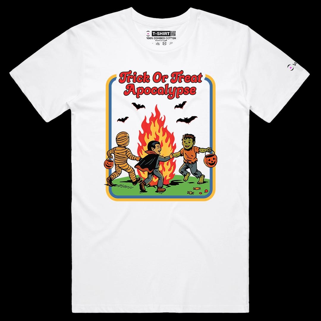 VOICEART White Male Regular Trick or Treat Apocalypse Funny Halloween Graphic Tee for Holidays Short T-Shirt Men and Women