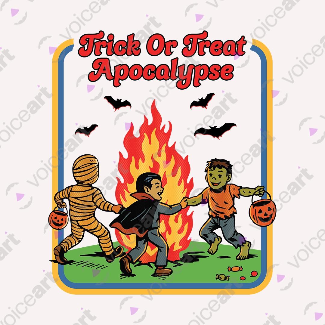VOICEART White Watermark Trick or Treat Apocalypse Funny Halloween Graphic Tee for Holidays Short T-Shirt Men and Women