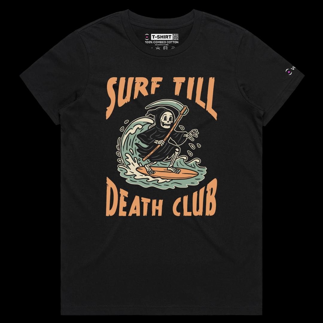 VOICEART Black Female Regular Grim Reaper Surfing Funny Halloween Graphic Tee for Holidays Short Sleeve T-Shirt Men and Women