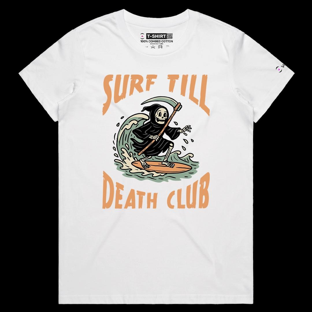 VOICEART White Female Regular Grim Reaper Surfing Funny Halloween Graphic Tee for Holidays Short Sleeve T-Shirt Men and Women