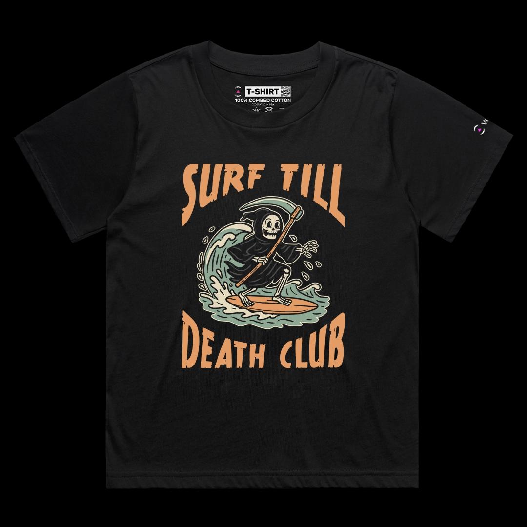 VOICEART Black Female Loose Grim Reaper Surfing Funny Halloween Graphic Tee for Holidays Short Sleeve T-Shirt Men and Women