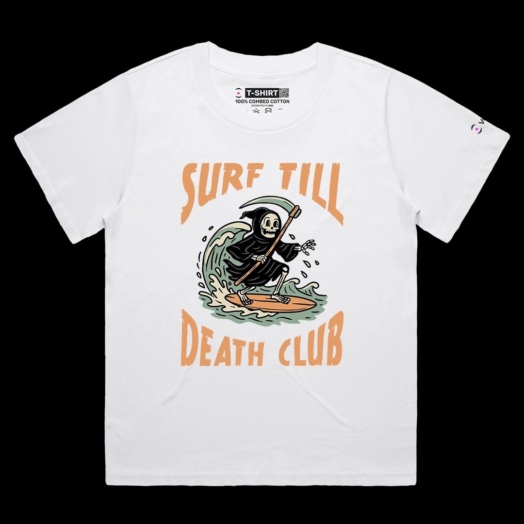 VOICEART White Female Loose Grim Reaper Surfing Funny Halloween Graphic Tee for Holidays Short Sleeve T-Shirt Men and Women