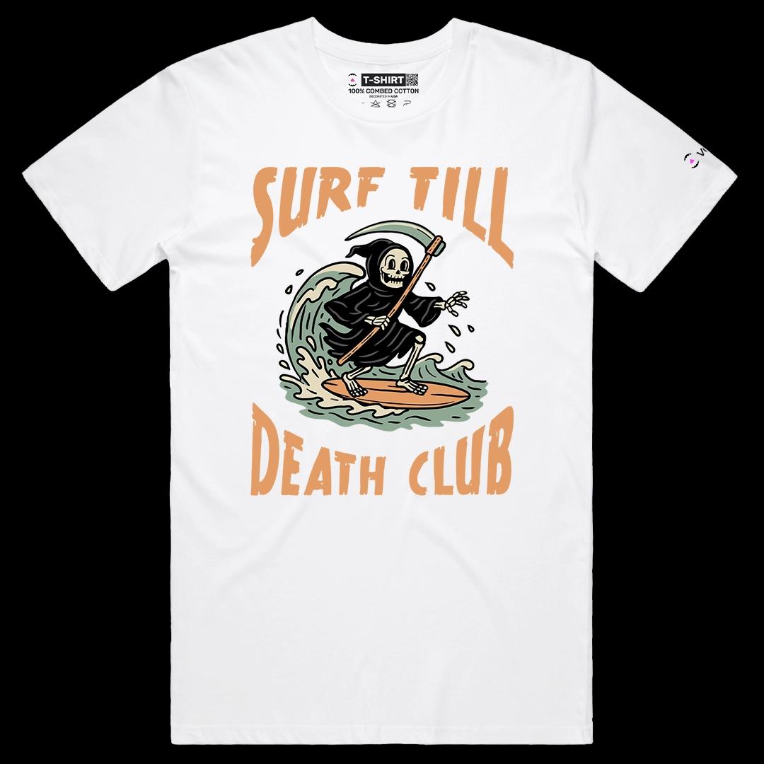 VOICEART White Male Regular Grim Reaper Surfing Funny Halloween Graphic Tee for Holidays Short Sleeve T-Shirt Men and Women