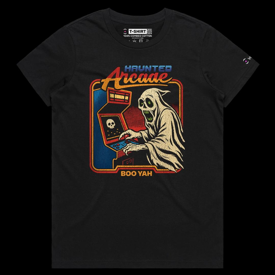 VOICEART Black Female Regular Haunted Arcade Funny Halloween Graphic Tee for Holidays Short Sleeve T-Shirt for Men and Women