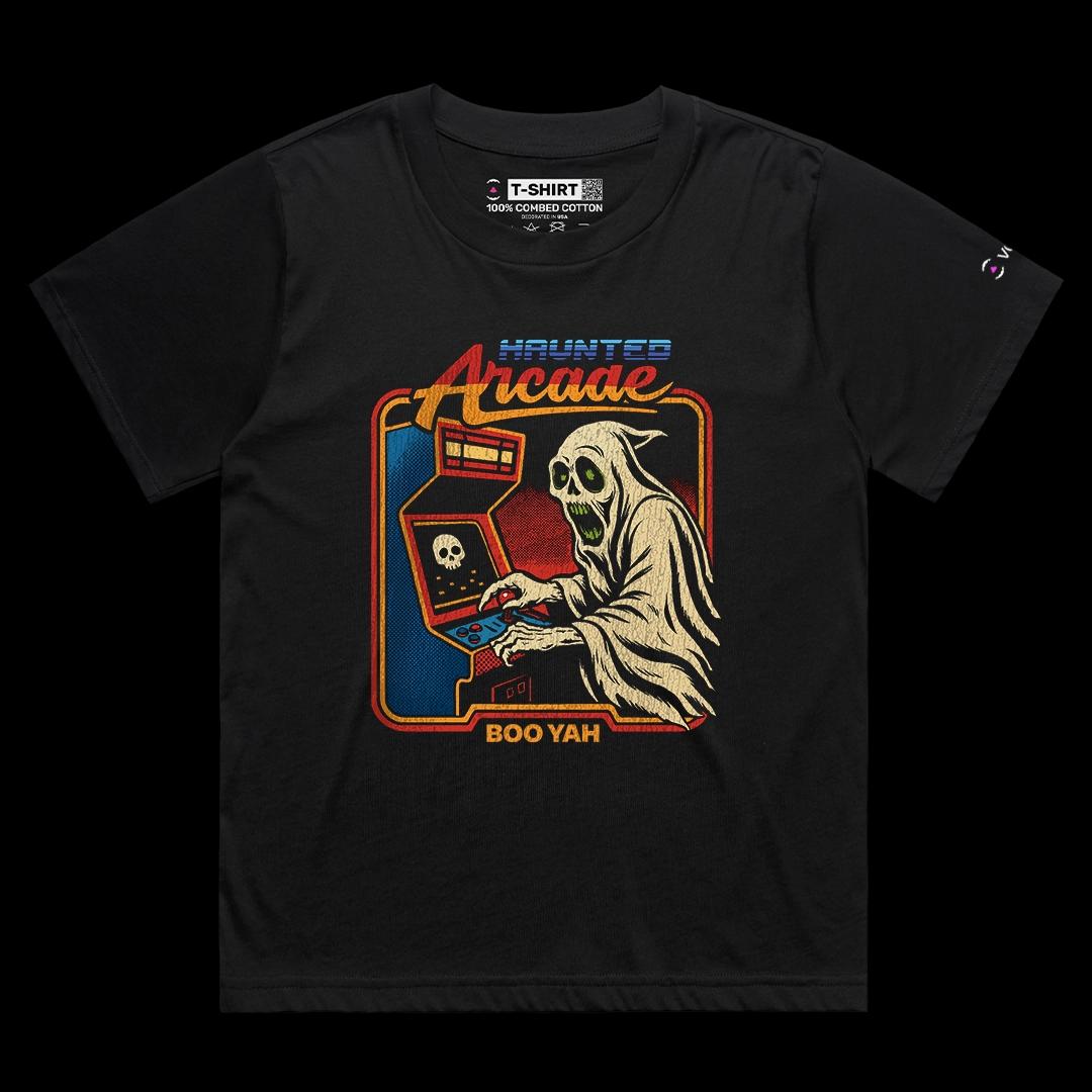 VOICEART Black Female Loose Haunted Arcade Funny Halloween Graphic Tee for Holidays Short Sleeve T-Shirt for Men and Women