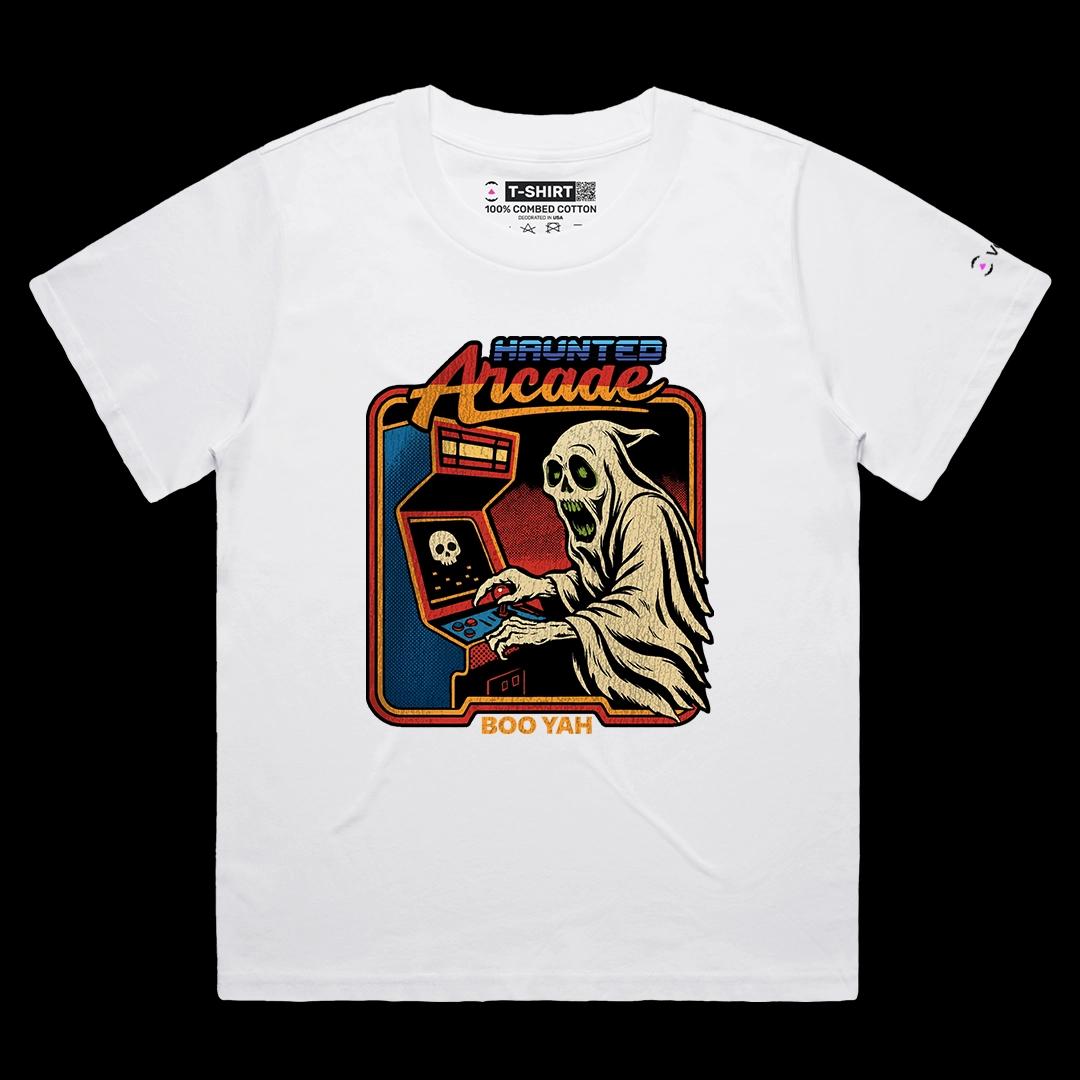 VOICEART White Female Loose Haunted Arcade Funny Halloween Graphic Tee for Holidays Short Sleeve T-Shirt for Men and Women