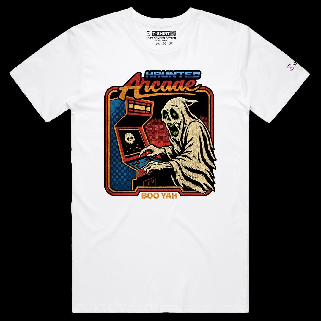 VOICEART White Male Regular Haunted Arcade Funny Halloween Graphic Tee for Holidays Short Sleeve T-Shirt for Men and Women