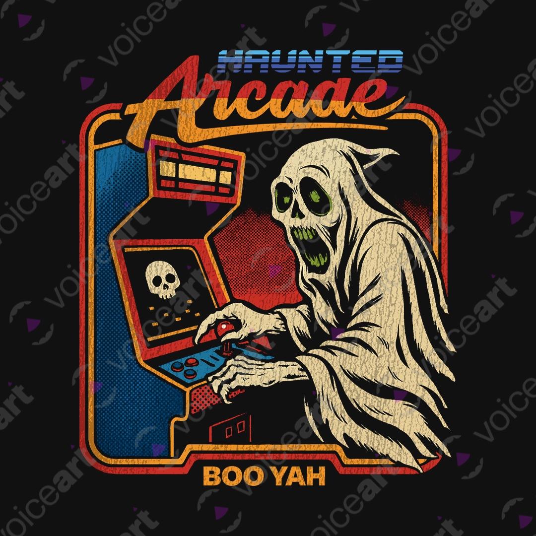 VOICEART Black Watermark Haunted Arcade Funny Halloween Graphic Tee for Holidays Short Sleeve T-Shirt for Men and Women