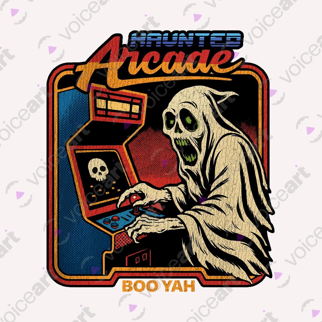 VOICEART White Watermark Haunted Arcade Funny Halloween Graphic Tee for Holidays Short Sleeve T-Shirt for Men and Women