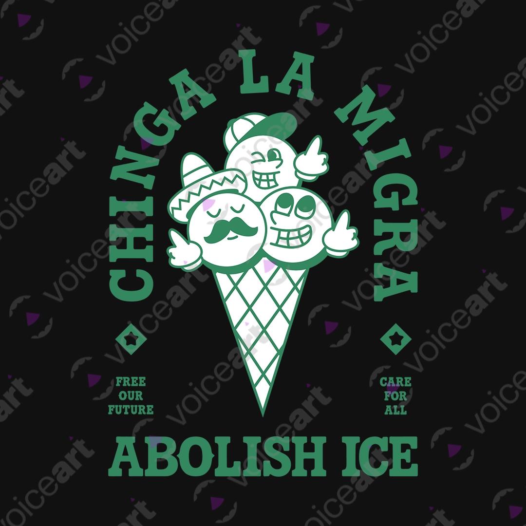 VOICEART Black Watermark Chinga La Migra Ice Cream Cone Funny Graphic Tee Short Sleeve T-Shirt for Men and Women