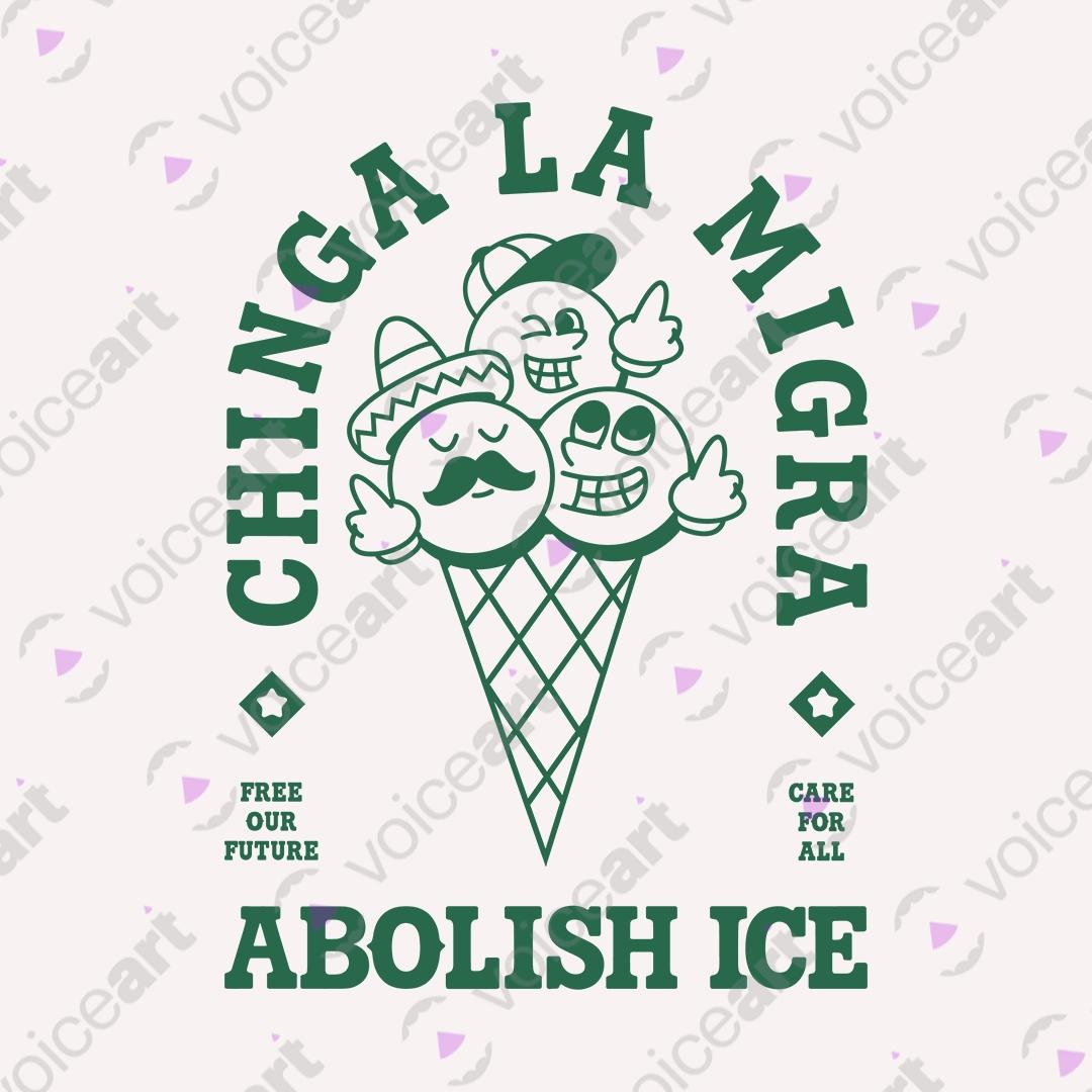 VOICEART White Watermark Chinga La Migra Ice Cream Cone Funny Graphic Tee Short Sleeve T-Shirt for Men and Women