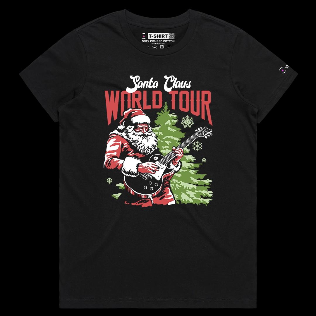 VOICEART Black Female Regular Santa Claus World Tour Funny Christmas Graphic Tee for Holidays Short T-Shirt for Men and Women