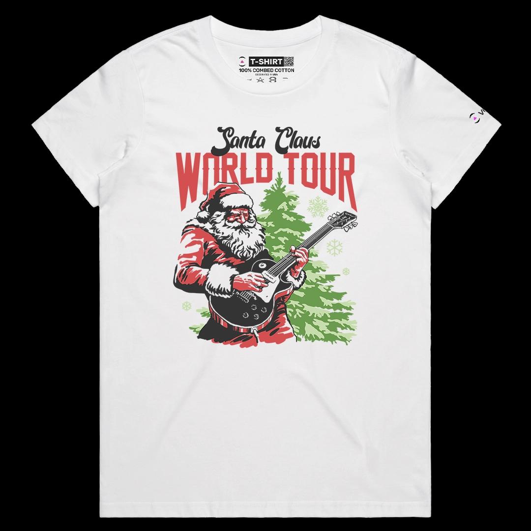 VOICEART White Female Regular Santa Claus World Tour Funny Christmas Graphic Tee for Holidays Short T-Shirt for Men and Women