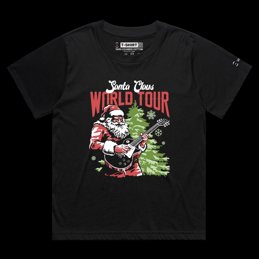 VOICEART Black Female Loose Santa Claus World Tour Funny Christmas Graphic Tee for Holidays Short T-Shirt for Men and Women