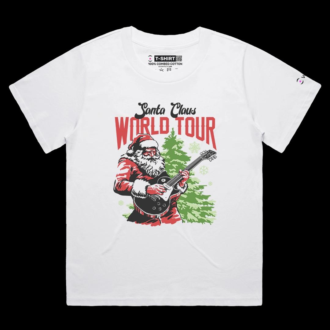 VOICEART White Female Loose Santa Claus World Tour Funny Christmas Graphic Tee for Holidays Short T-Shirt for Men and Women