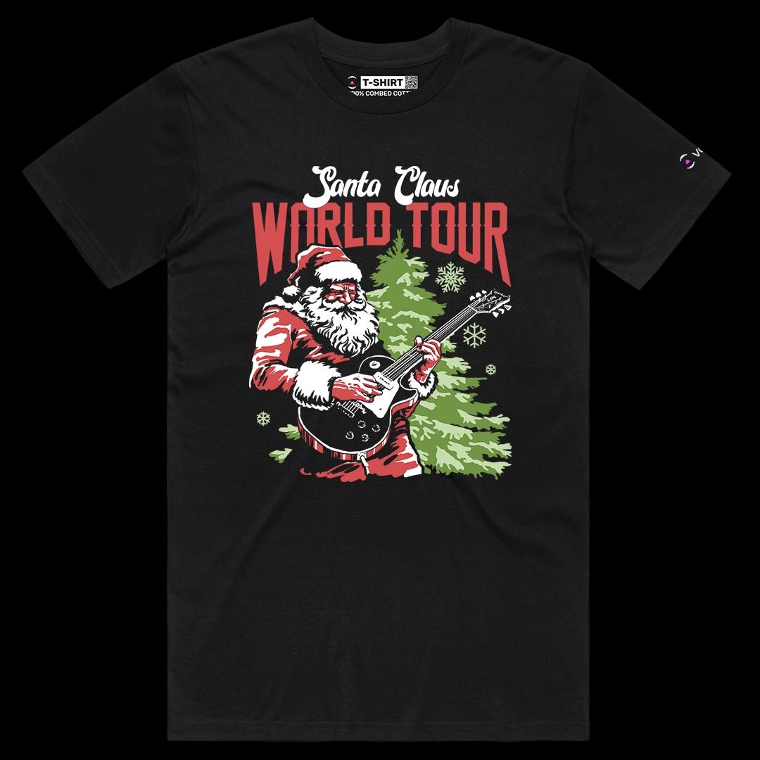 VOICEART Black Male Regular Santa Claus World Tour Funny Christmas Graphic Tee for Holidays Short T-Shirt for Men and Women
