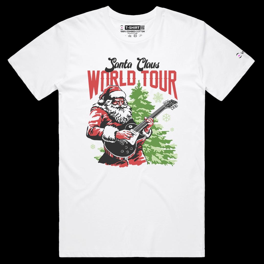 VOICEART White Male Regular Santa Claus World Tour Funny Christmas Graphic Tee for Holidays Short T-Shirt for Men and Women