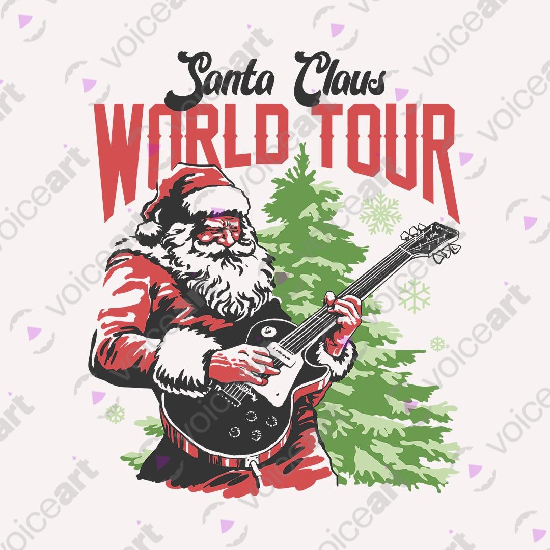 VOICEART White Watermark Santa Claus World Tour Funny Christmas Graphic Tee for Holidays Short T-Shirt for Men and Women