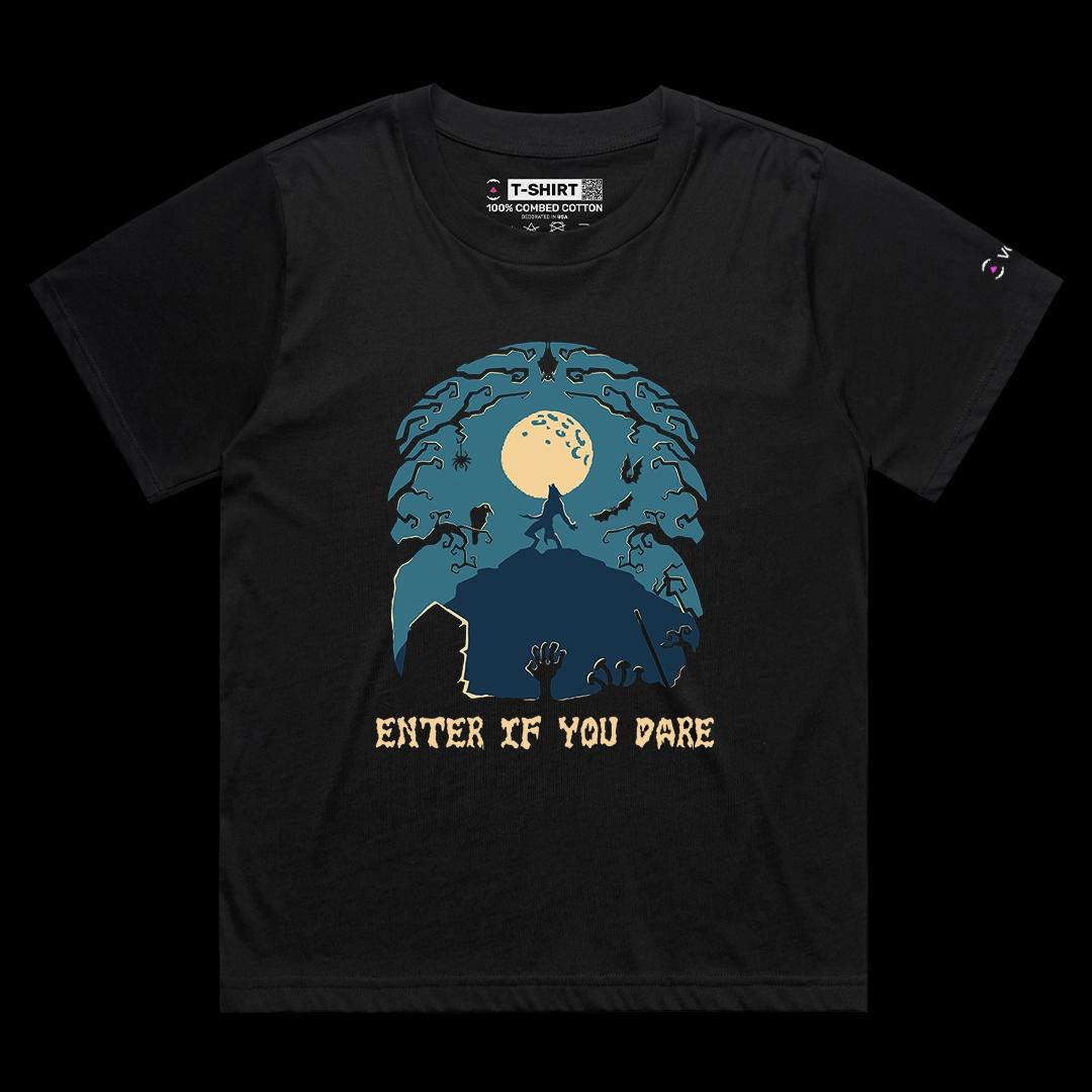 VOICEART Black Female Loose Enter If You Dare Scary Holiday Graphic Tee for Halloween Short Sleeve TShirt for Men and Women