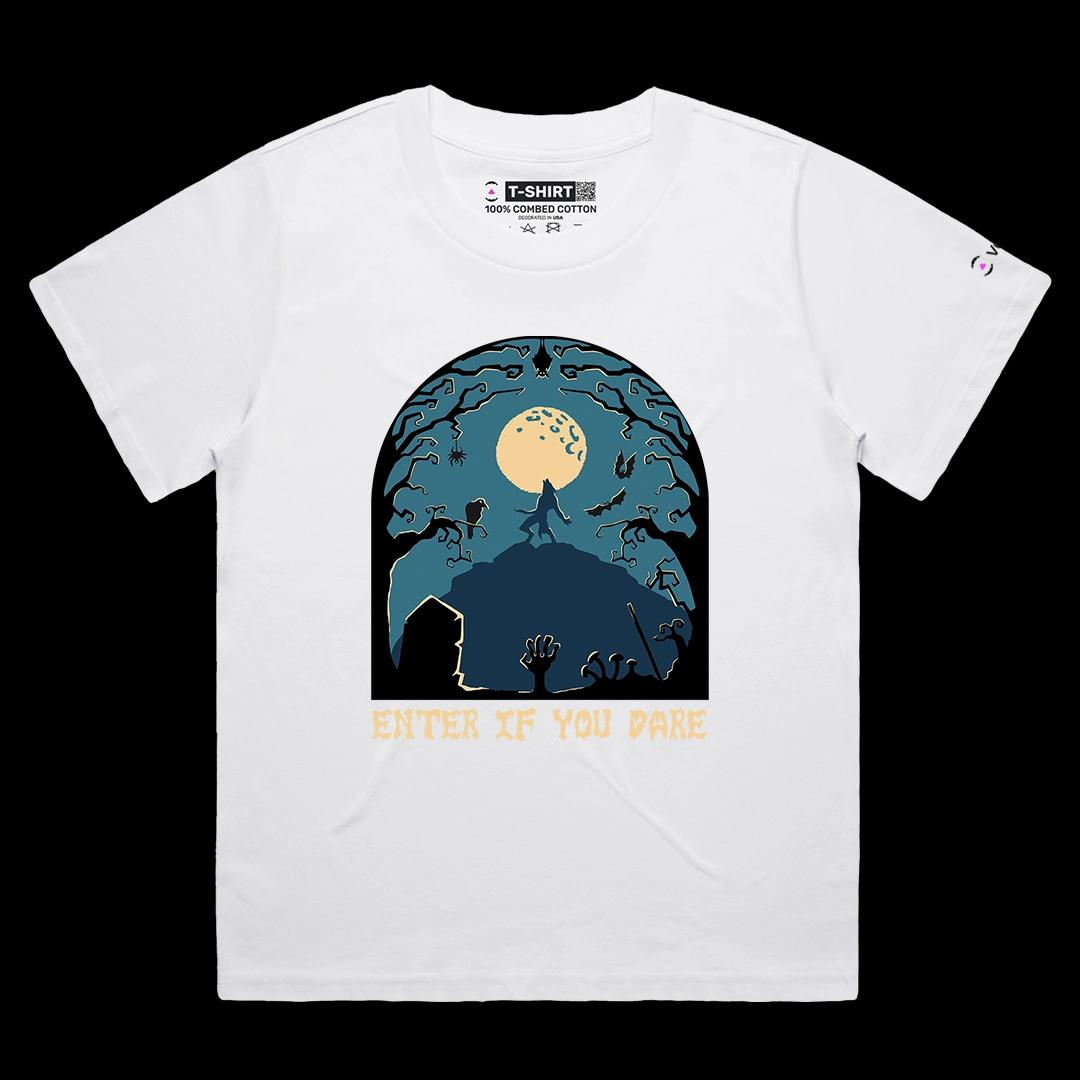 VOICEART White Female Loose Enter If You Dare Scary Holiday Graphic Tee for Halloween Short Sleeve TShirt for Men and Women