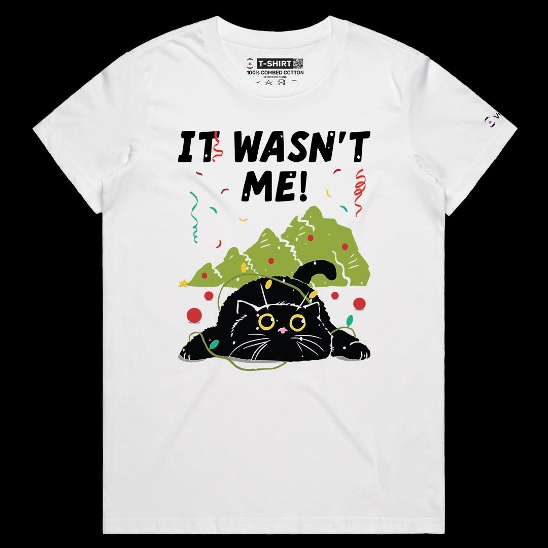 VOICEART White Female Regular Cat Pulled Down The Christmas Funny Graphic Tee for Holidays Short T-Shirt for Men and Women