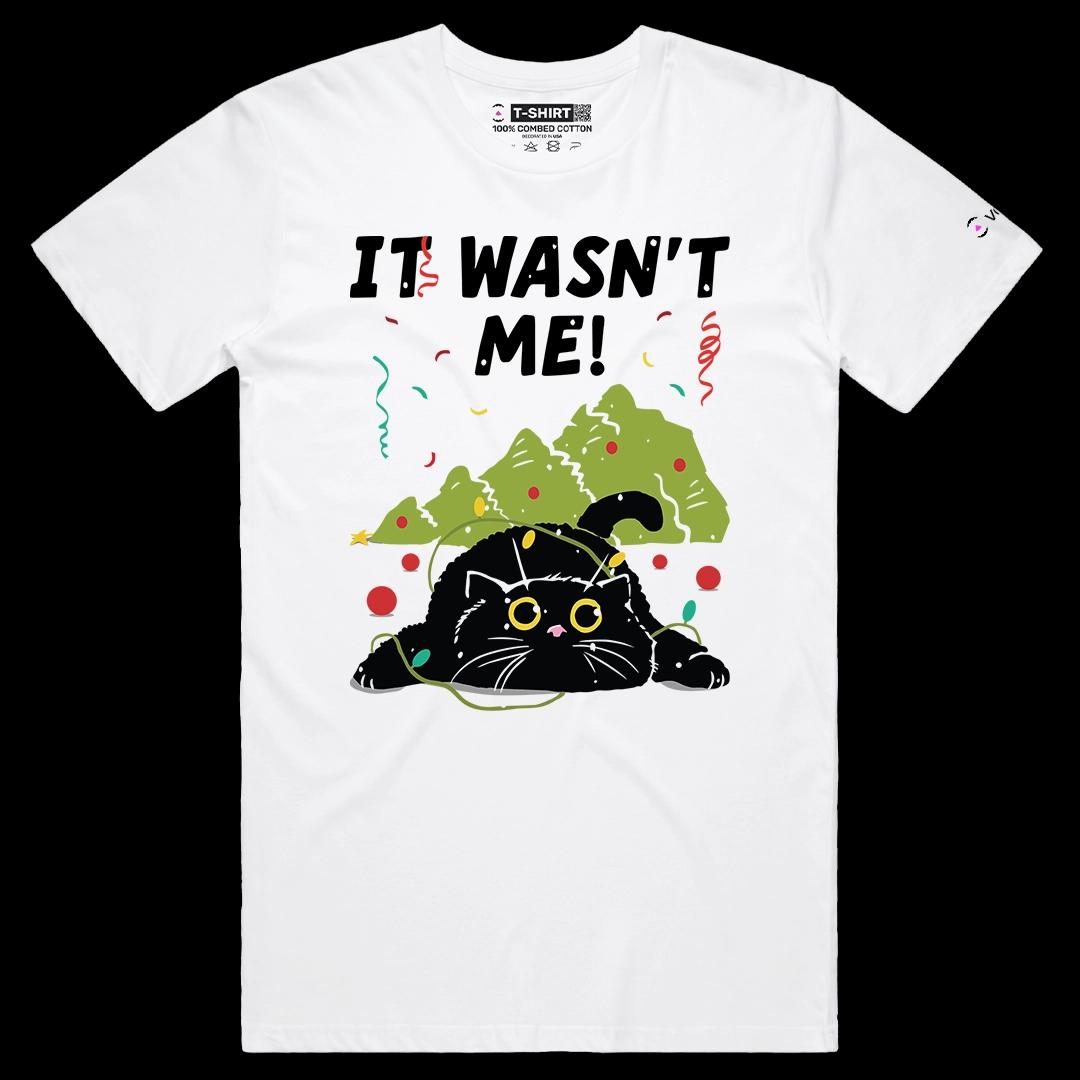 VOICEART White Male Regular Cat Pulled Down The Christmas Funny Graphic Tee for Holidays Short T-Shirt for Men and Women