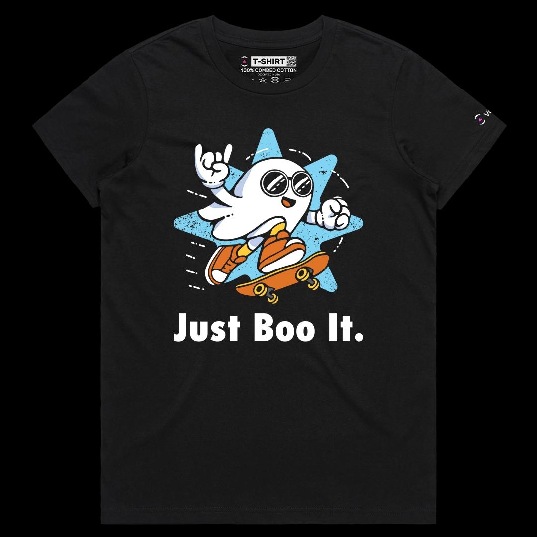 VOICEART Black Female Regular Just Boo It Ghost Funny Graphic Tee with Wordplay Short Sleeve T-Shirt for Men and Women