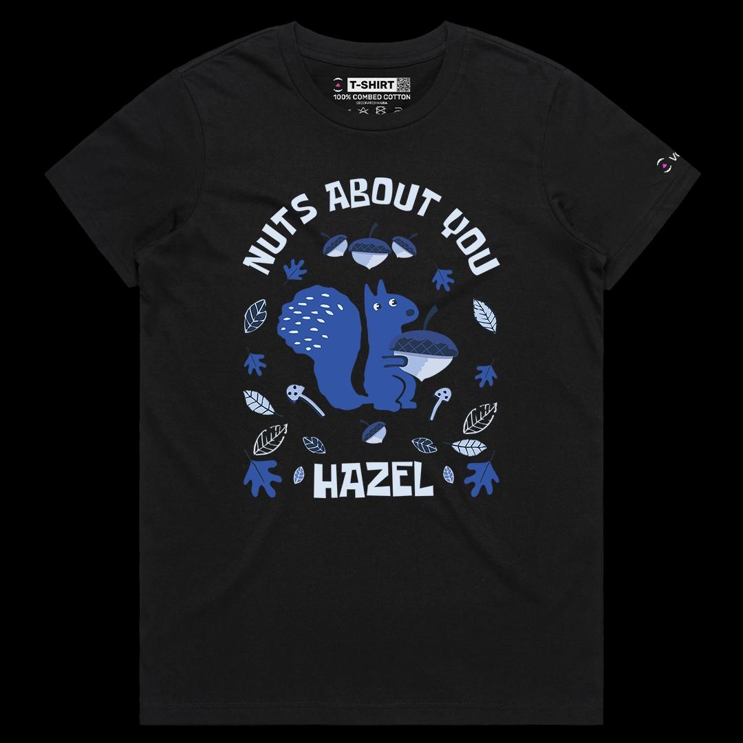 VOICEART Black Female Regular Nuts About You Funny Animals Graphic Tee with Wordplay Short Sleeve T-Shirt for Men and Women