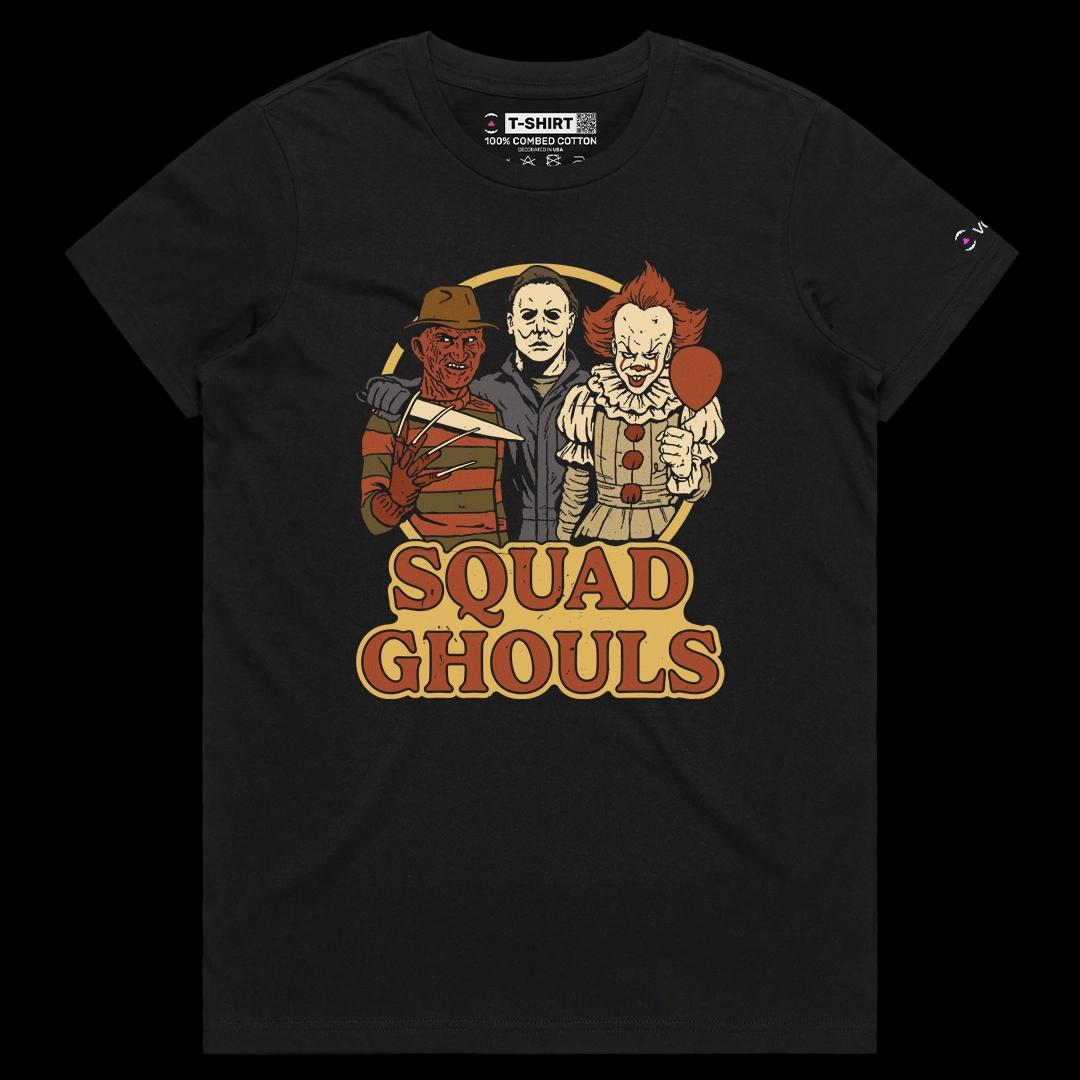 VOICEART Black Female Regular Squad Ghouls Funny Graphic Halloween Tee for Holidays Short Sleeve T-Shirt for Men and Women