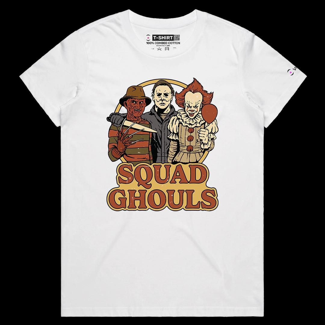 VOICEART White Female Regular Squad Ghouls Funny Graphic Halloween Tee for Holidays Short Sleeve T-Shirt for Men and Women