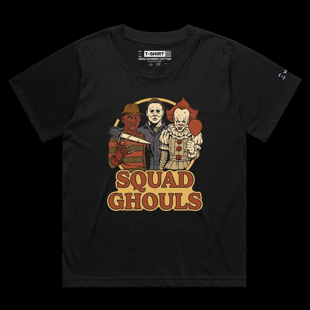 VOICEART Black Female Loose Squad Ghouls Funny Graphic Halloween Tee for Holidays Short Sleeve T-Shirt for Men and Women