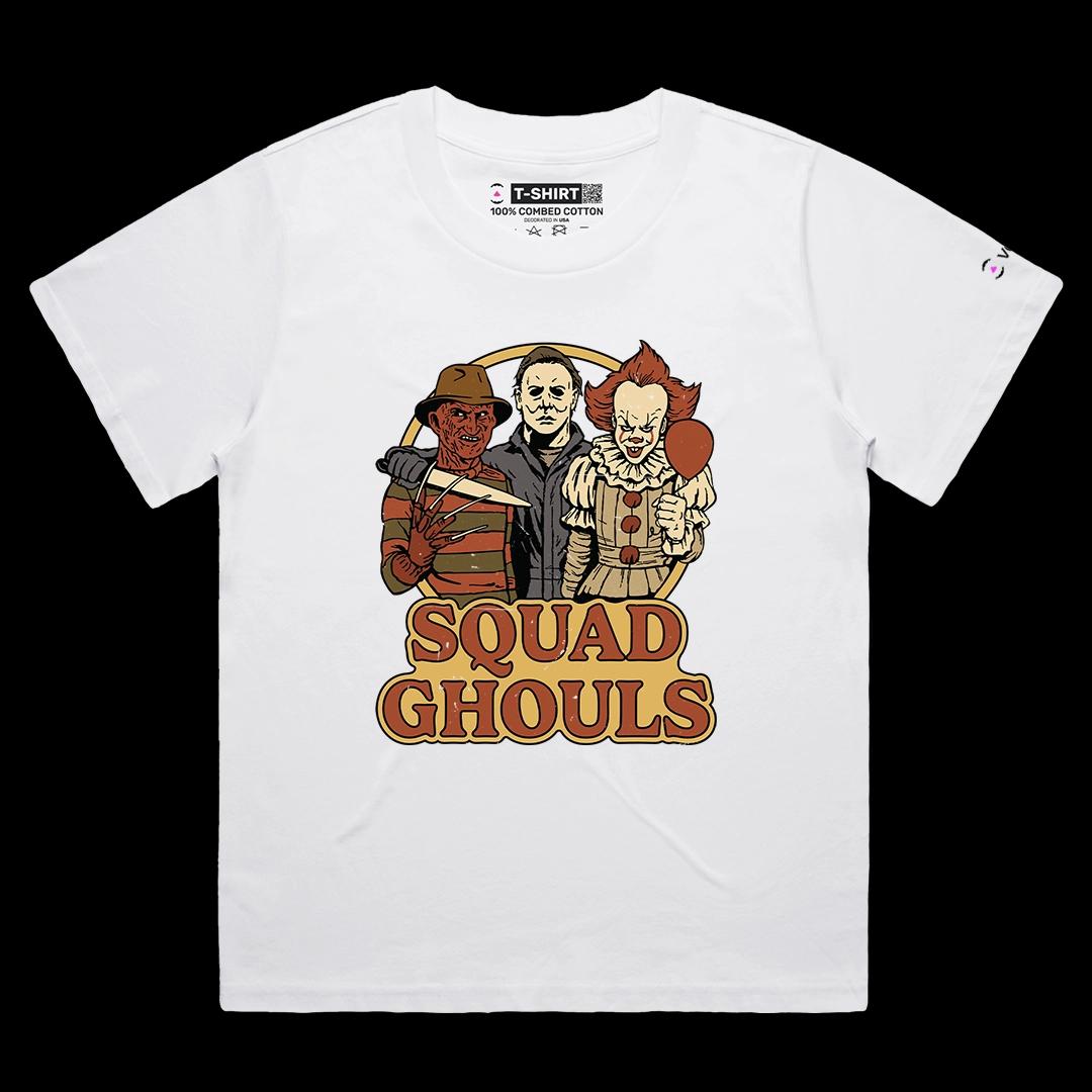 VOICEART White Female Loose Squad Ghouls Funny Graphic Halloween Tee for Holidays Short Sleeve T-Shirt for Men and Women