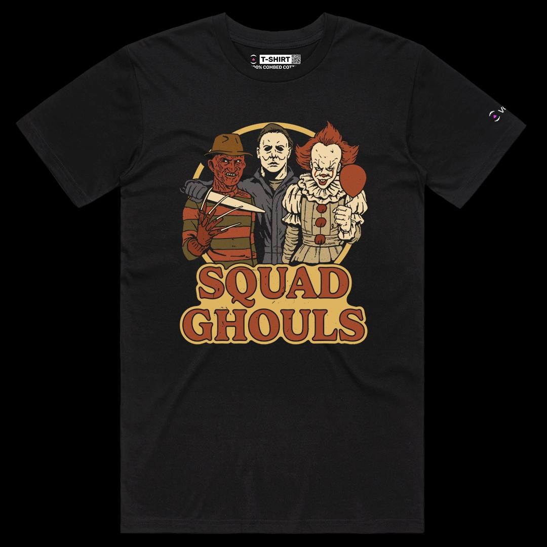 VOICEART Black Male Regular Squad Ghouls Funny Graphic Halloween Tee for Holidays Short Sleeve T-Shirt for Men and Women