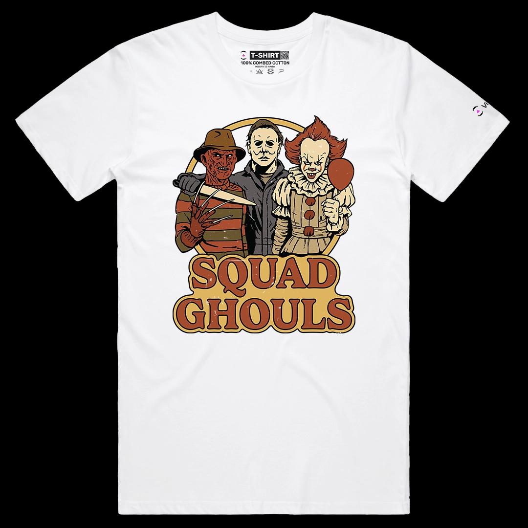 VOICEART White Male Regular Squad Ghouls Funny Graphic Halloween Tee for Holidays Short Sleeve T-Shirt for Men and Women