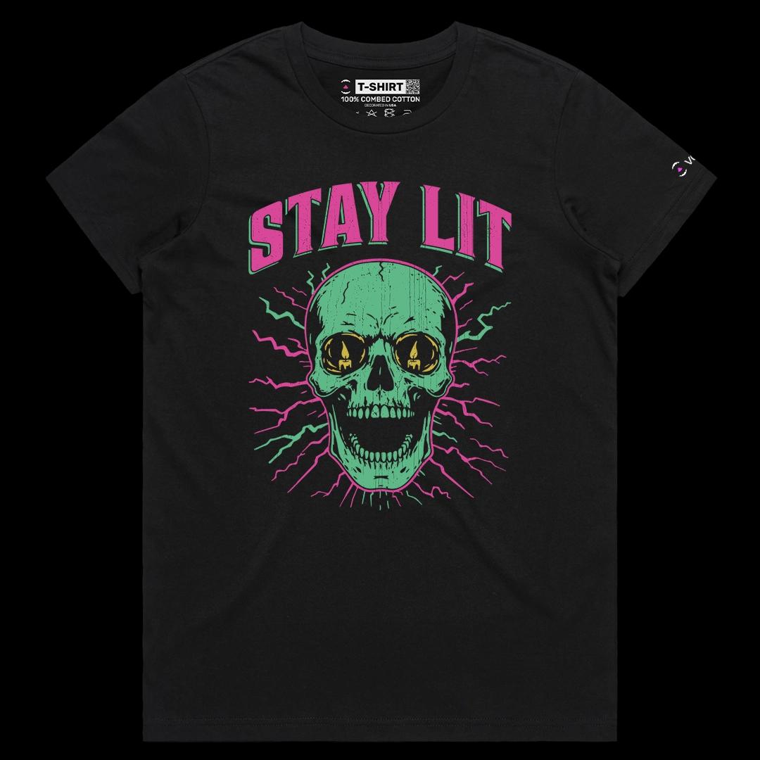 VOICEART Black Female Regular Stay Lit Skull Candle Halloween Graphic Tee for Holidays Short Sleeve T-Shirt for Men and Women