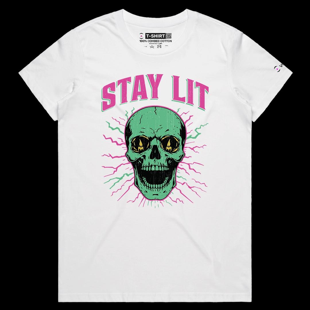 VOICEART White Female Regular Stay Lit Skull Candle Halloween Graphic Tee for Holidays Short Sleeve T-Shirt for Men and Women