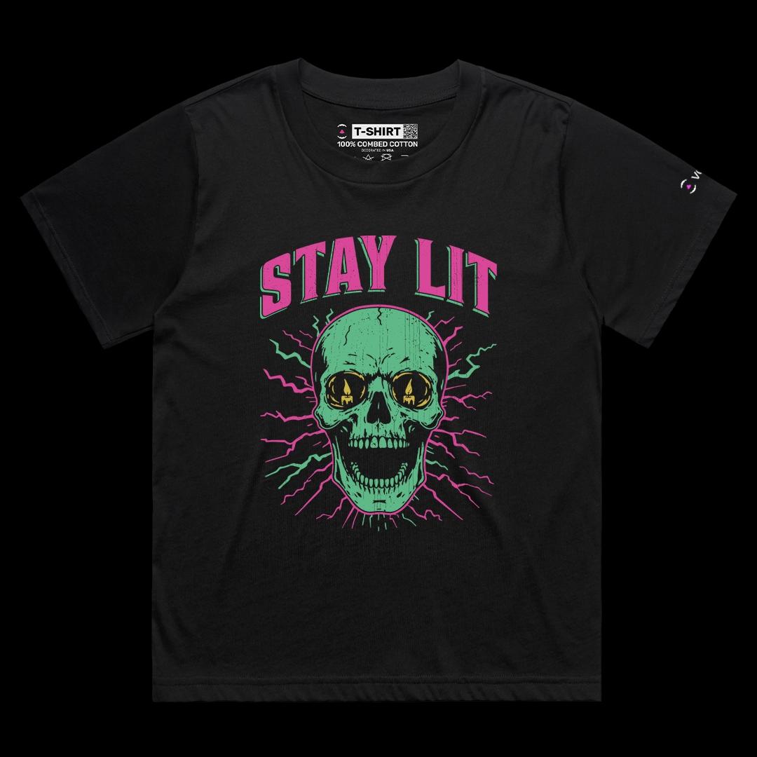 VOICEART Black Female Loose Stay Lit Skull Candle Halloween Graphic Tee for Holidays Short Sleeve T-Shirt for Men and Women