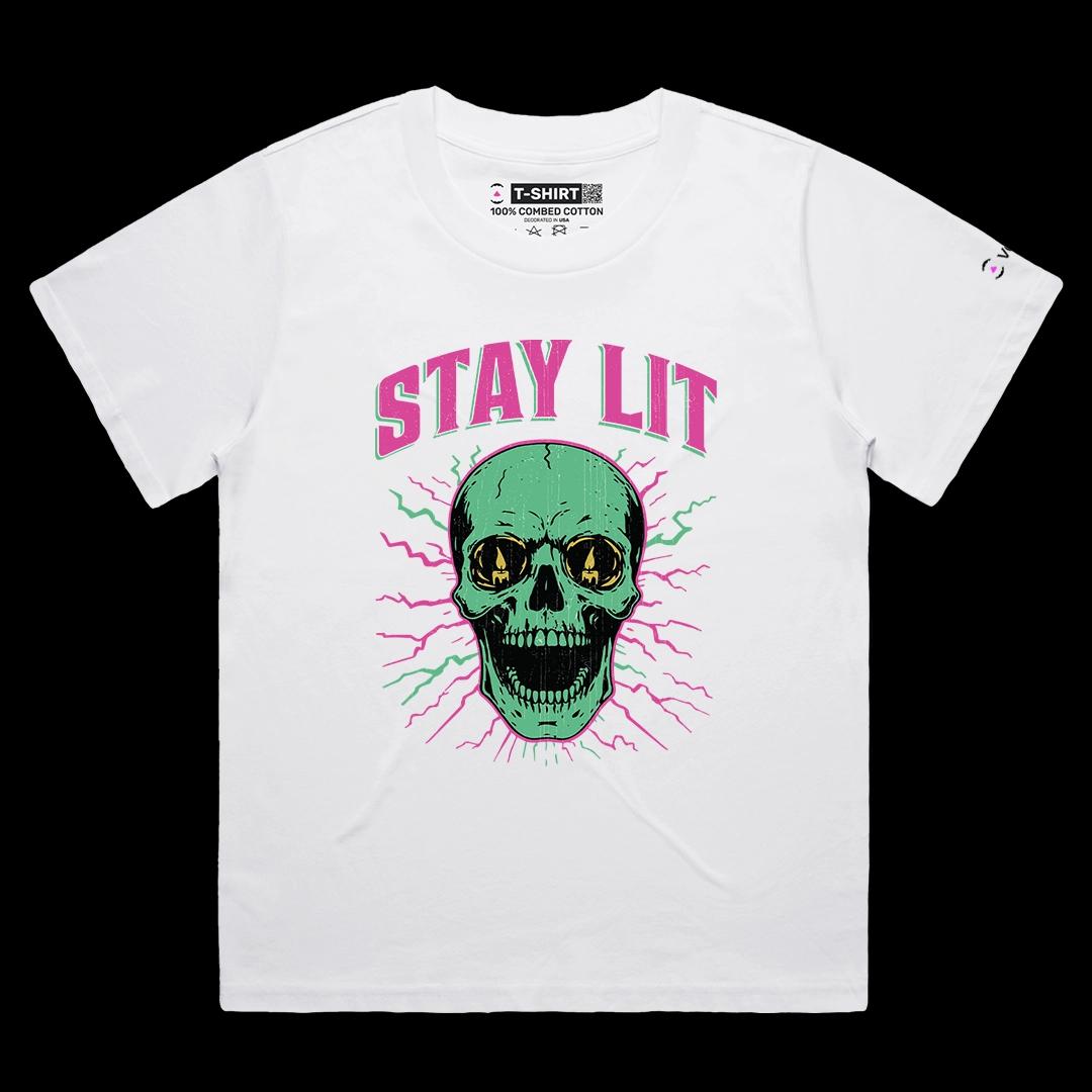 VOICEART White Female Loose Stay Lit Skull Candle Halloween Graphic Tee for Holidays Short Sleeve T-Shirt for Men and Women