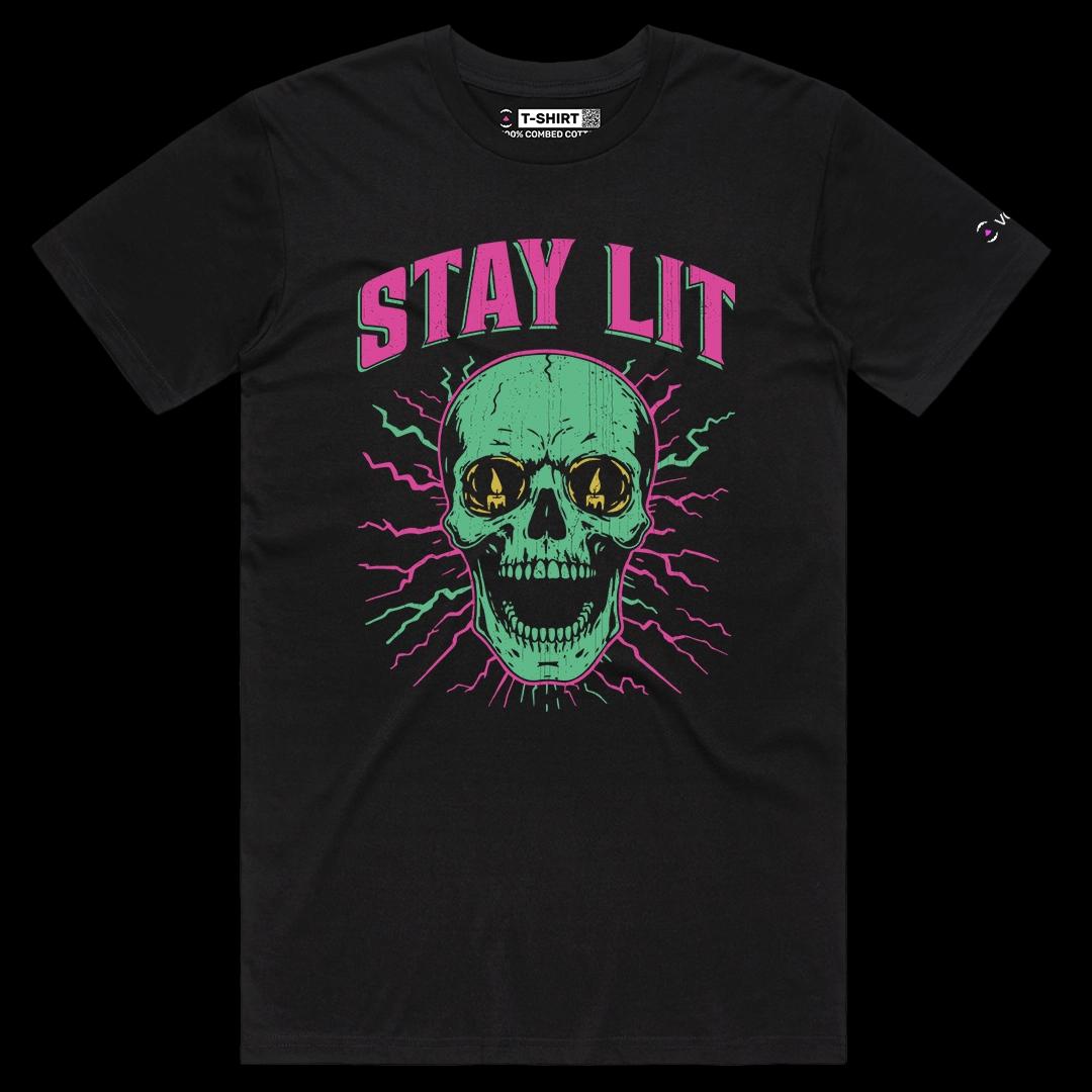VOICEART Black Male Regular Stay Lit Skull Candle Halloween Graphic Tee for Holidays Short Sleeve T-Shirt for Men and Women