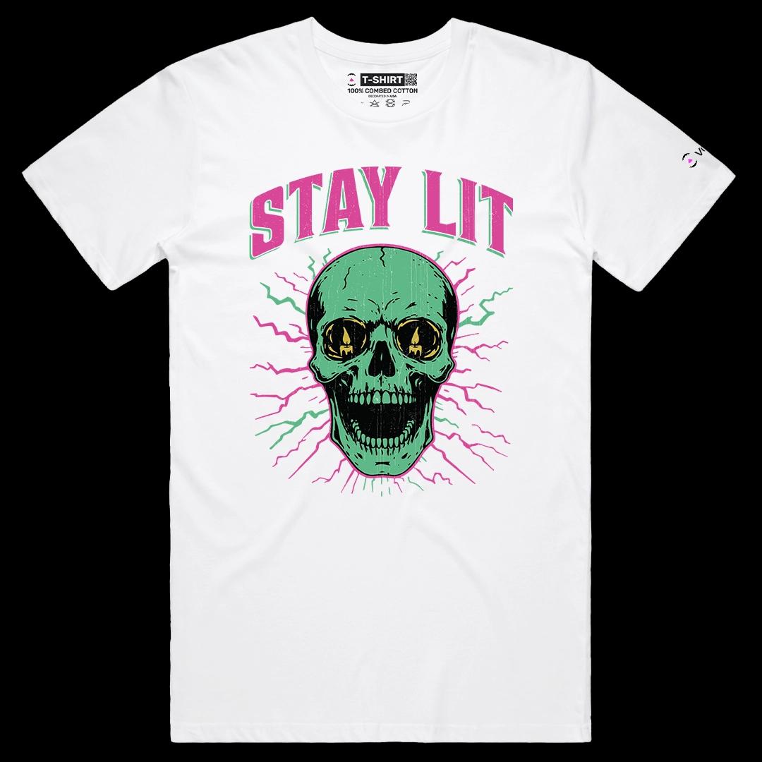 VOICEART White Male Regular Stay Lit Skull Candle Halloween Graphic Tee for Holidays Short Sleeve T-Shirt for Men and Women
