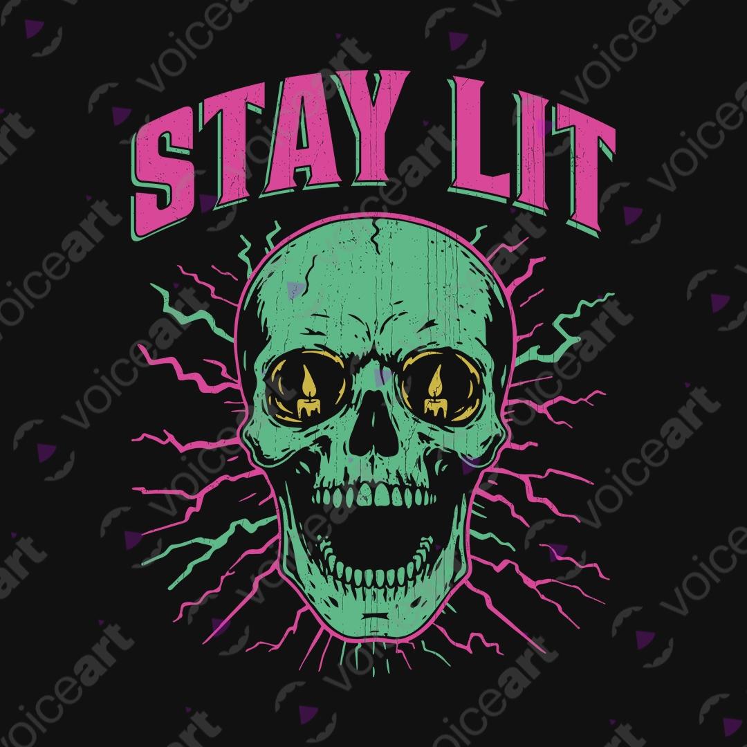 VOICEART Black Watermark Stay Lit Skull Candle Halloween Graphic Tee for Holidays Short Sleeve T-Shirt for Men and Women